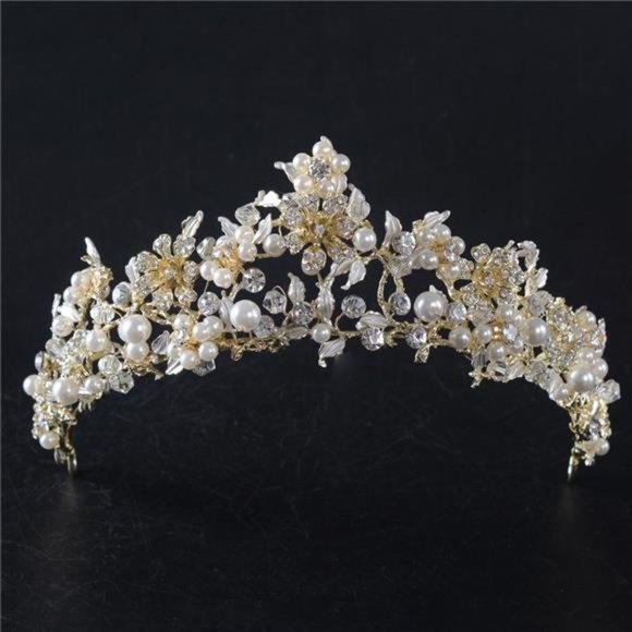 FXmimior Vintage Gold Flower Bead Bridal Wedding Crown Headband Women Crystal main image 4